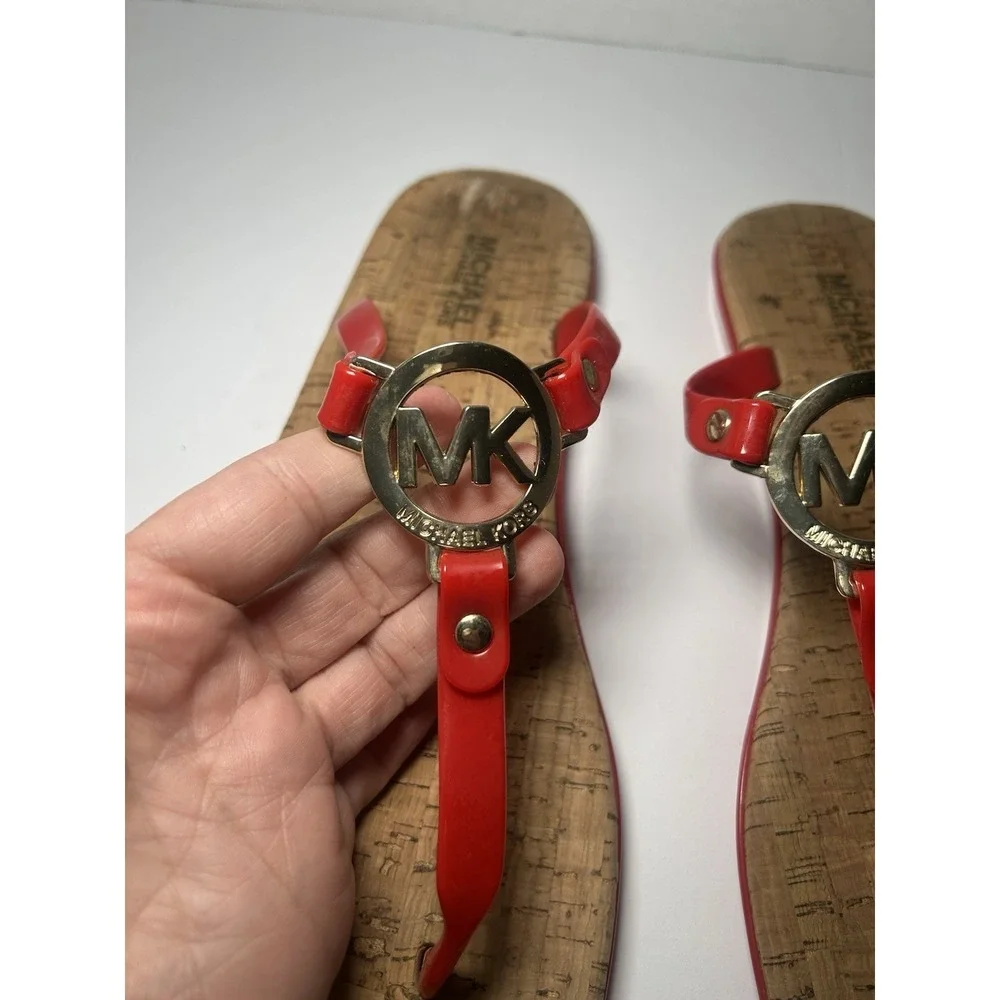 Michael Kors Charm Jelly Women Thong Sandals Red Gold MK Logo Cork PVC Sz 11